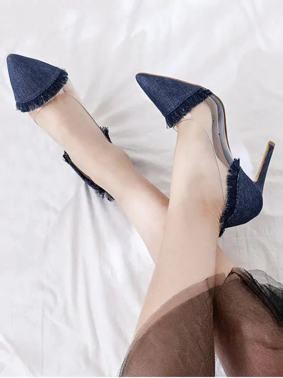 Fashion Stiletto Heel Fringe Denim Pumps