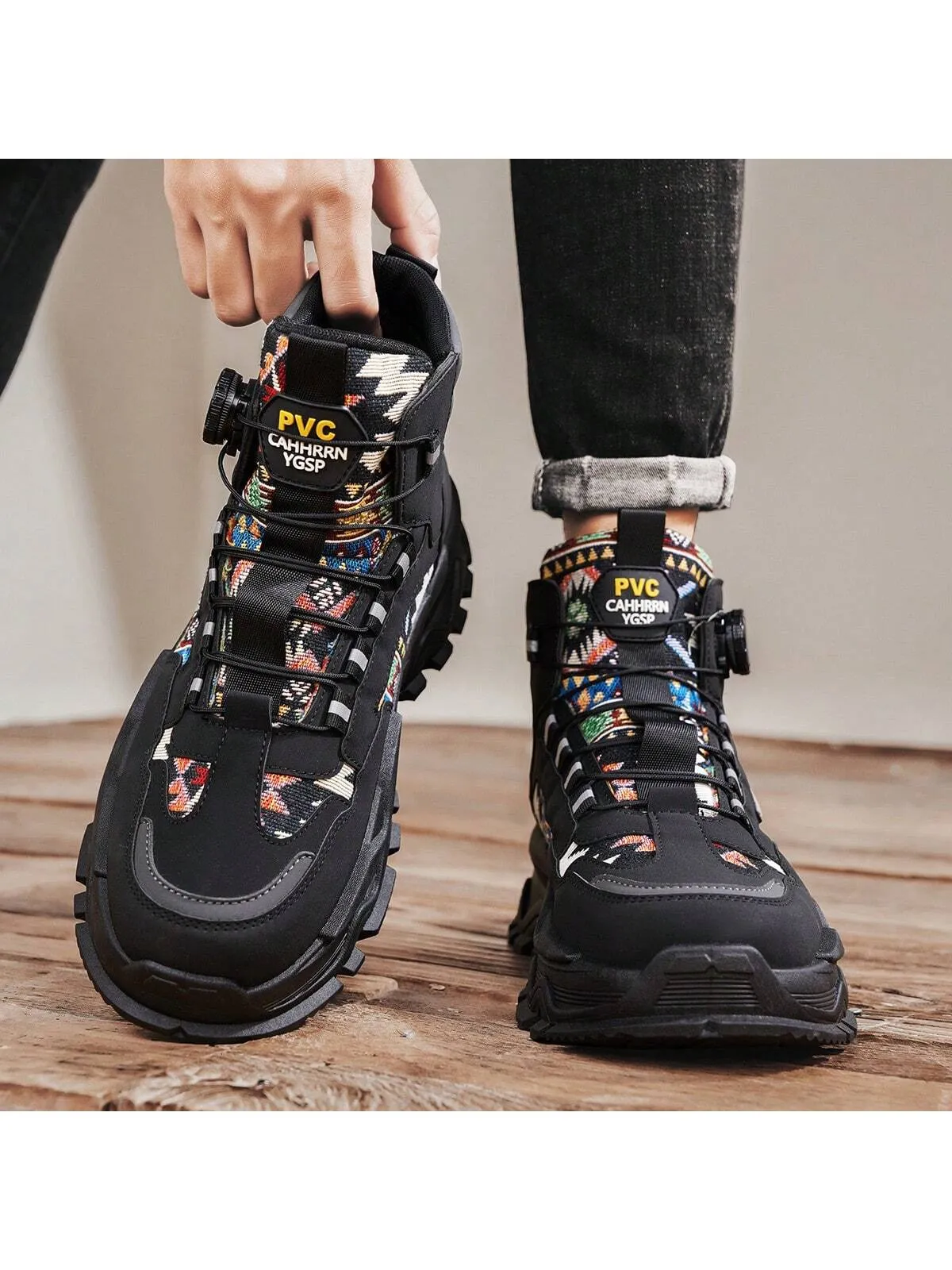 Fashionable Paisley Flower Pattern Boots For Men, Retro Thick Bottomed Cargo Boots, High Top Fashion Ankle Boots,Motorcycle Shoes