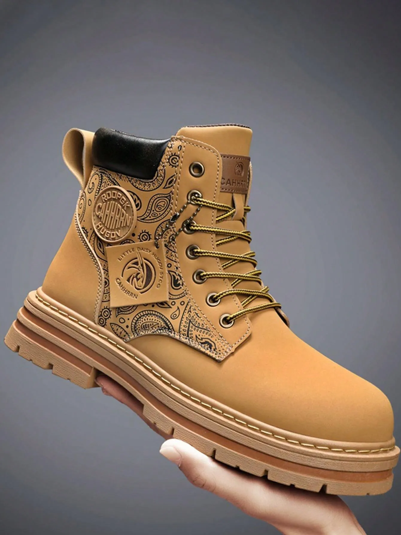 Fashionable Paisley Flower Pattern Boots For Men, Retro Thick Bottomed Cargo Boots, High Top Fashion Ankle Boots,Motorcycle Shoes