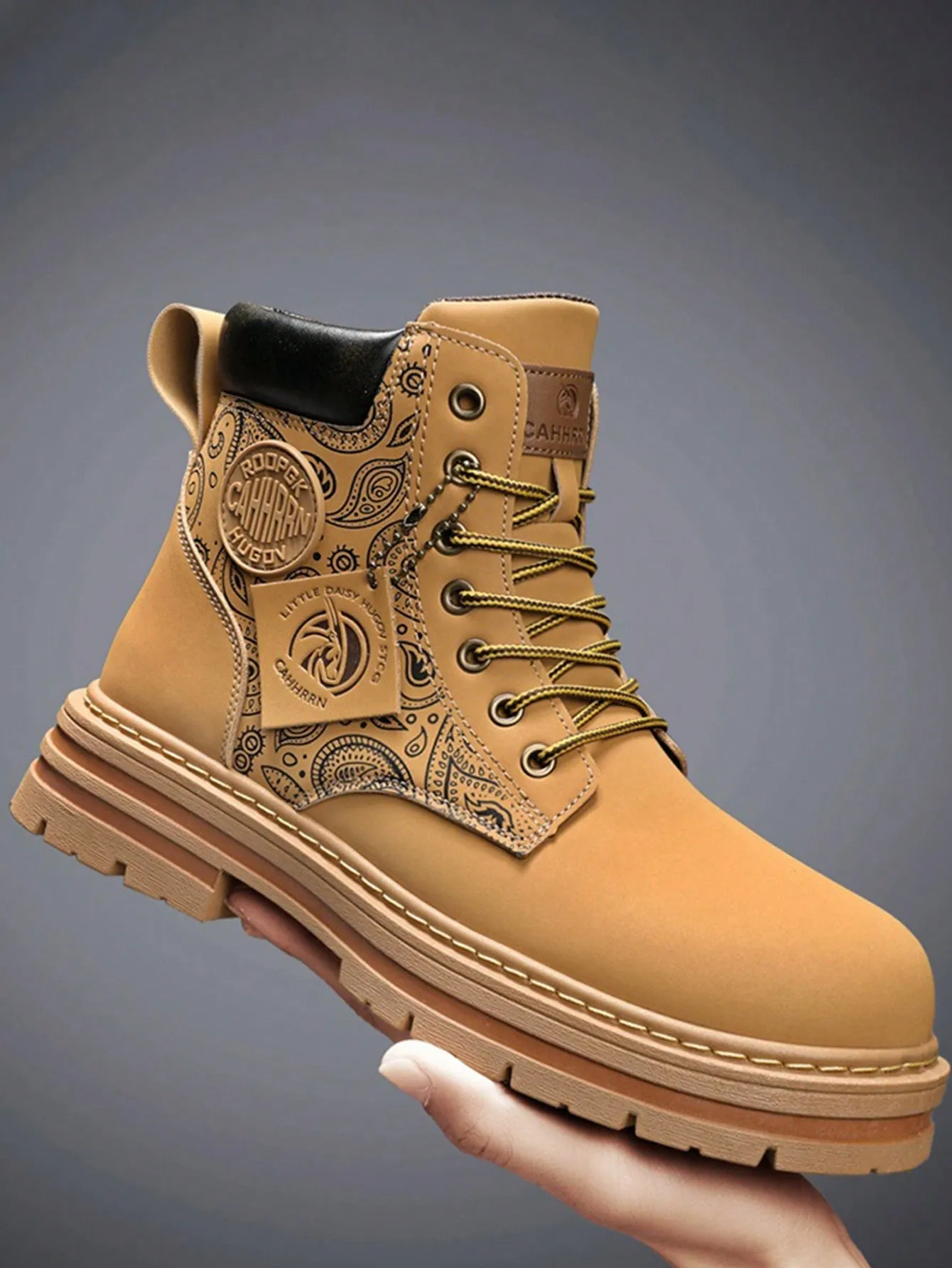 Fashionable Paisley Flower Pattern Boots For Men, Retro Thick Bottomed Cargo Boots, High Top Fashion Ankle Boots,Motorcycle Shoes
