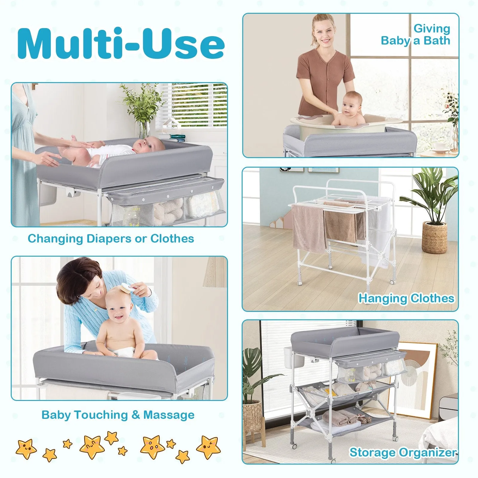 Foldable Baby Changing Table with Wheels and Adjustable Height-Grey