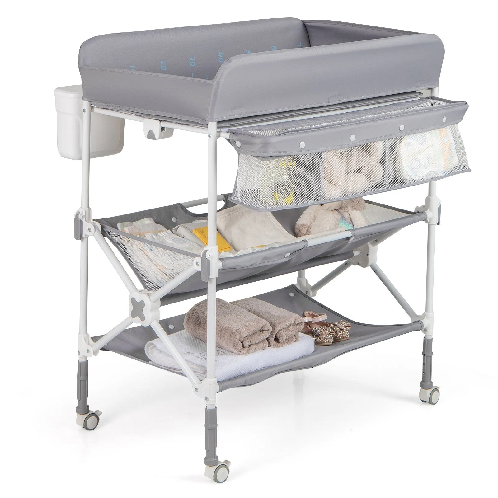 Foldable Baby Changing Table with Wheels and Adjustable Height-Grey