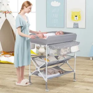 Foldable Baby Changing Table with Wheels and Adjustable Height-Grey