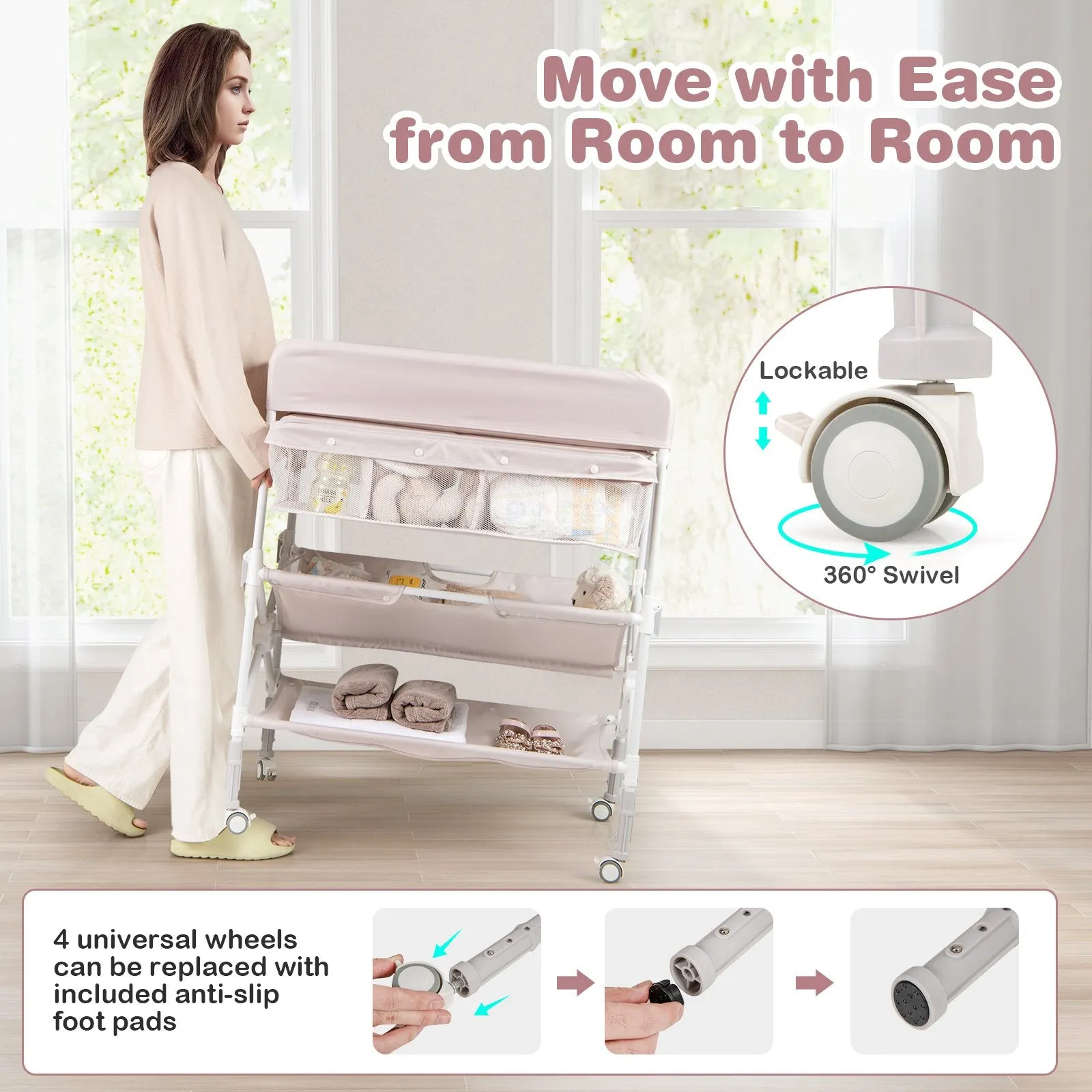 Foldable Baby Changing Table with Wheels and Adjustable Height-Light Pink