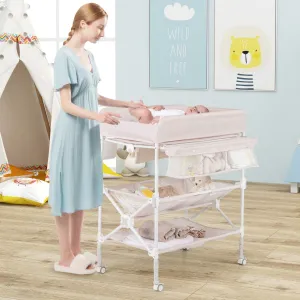 Foldable Baby Changing Table with Wheels and Adjustable Height-Light Pink