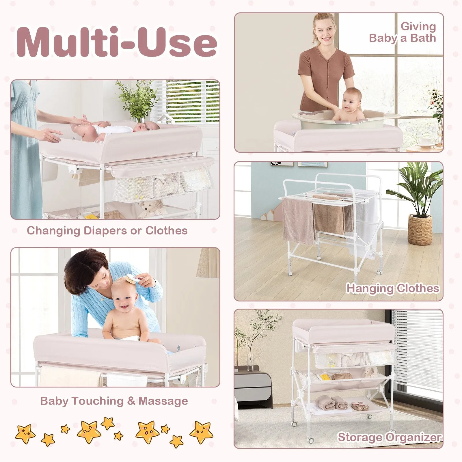 Foldable Baby Changing Table with Wheels and Adjustable Height-Light Pink