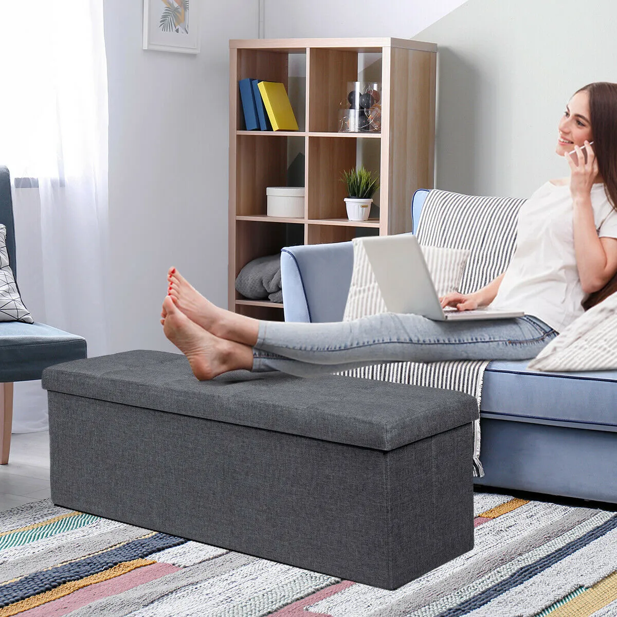 Folding Storage Ottoman Bench with Lid for Hallway-Grey