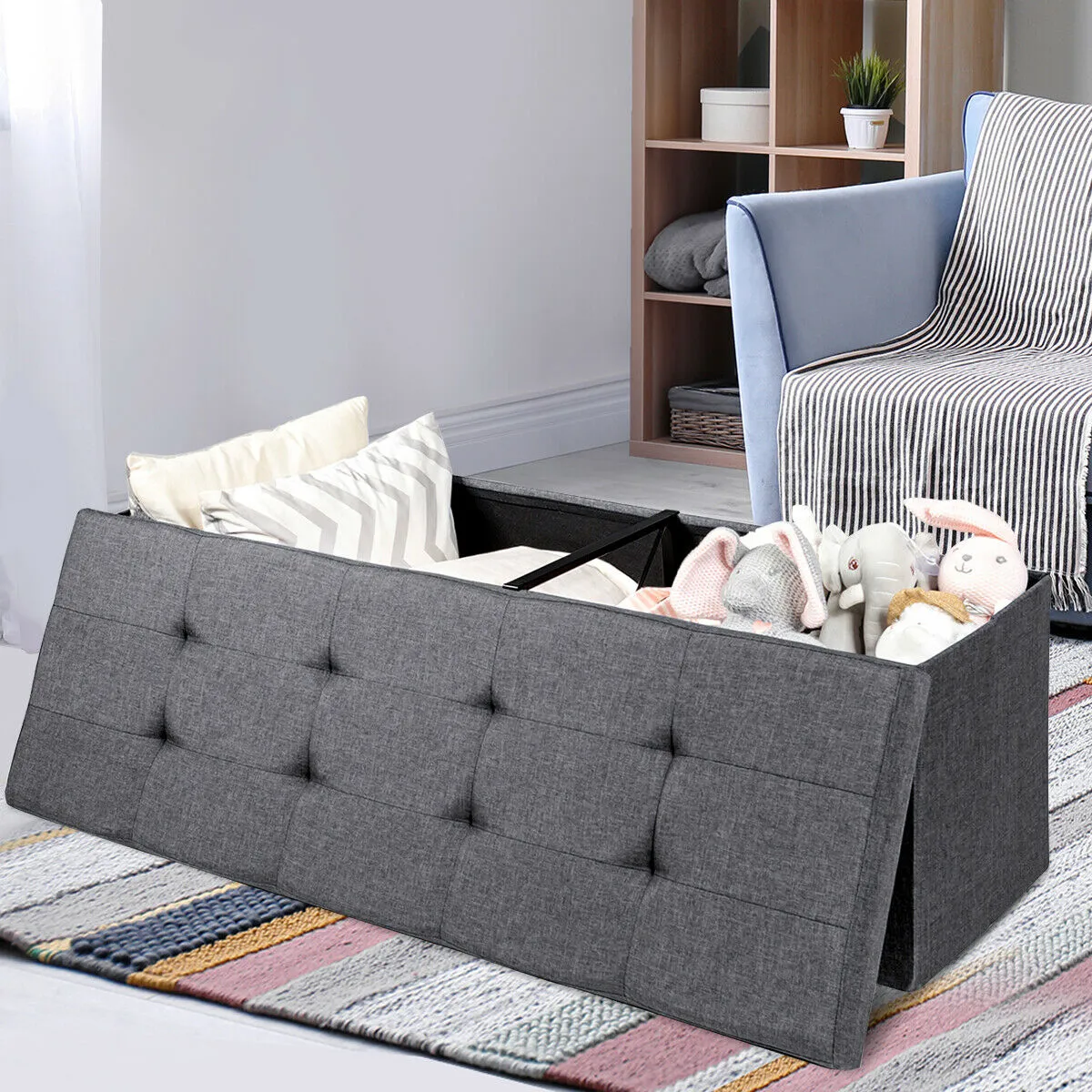 Folding Storage Ottoman Bench with Lid for Hallway-Grey