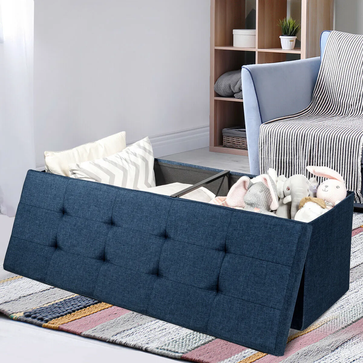 Folding Storage Ottoman Bench with Lid for Hallway-Navy