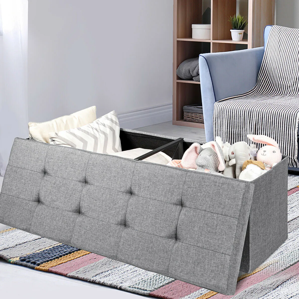 Folding Storage Ottoman Bench with Lid for Hallway-Silver