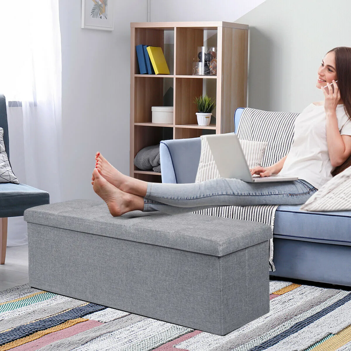 Folding Storage Ottoman Bench with Lid for Hallway-Silver