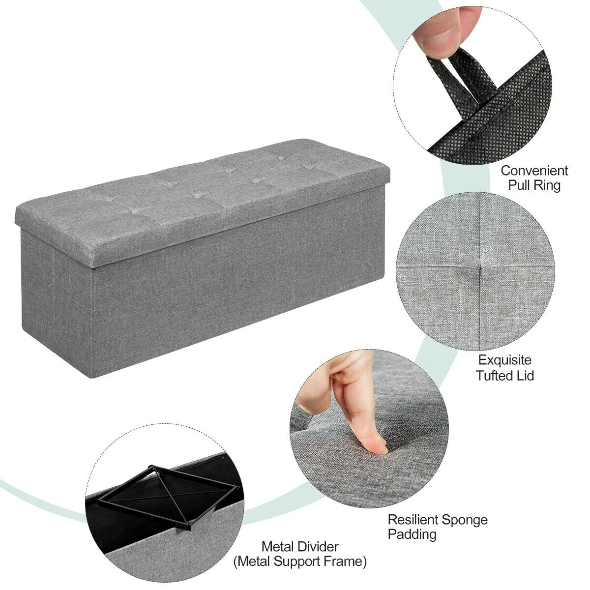 Folding Storage Ottoman Bench with Lid for Hallway-Silver