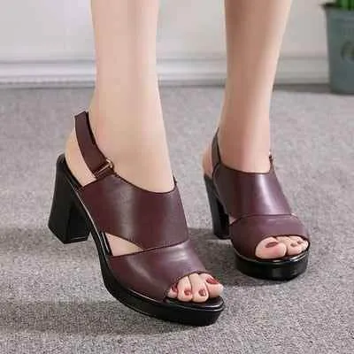 GY416 Women's Casual Shoes: Leather Sandals with Thick High Heels
