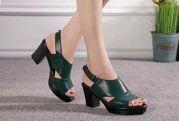 GY416 Women's Casual Shoes: Leather Sandals with Thick High Heels