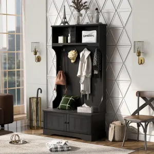 Hall Tree Entryway Bench with Shelves Cabinet and Four Hooks, 3-in-1 Design, Black