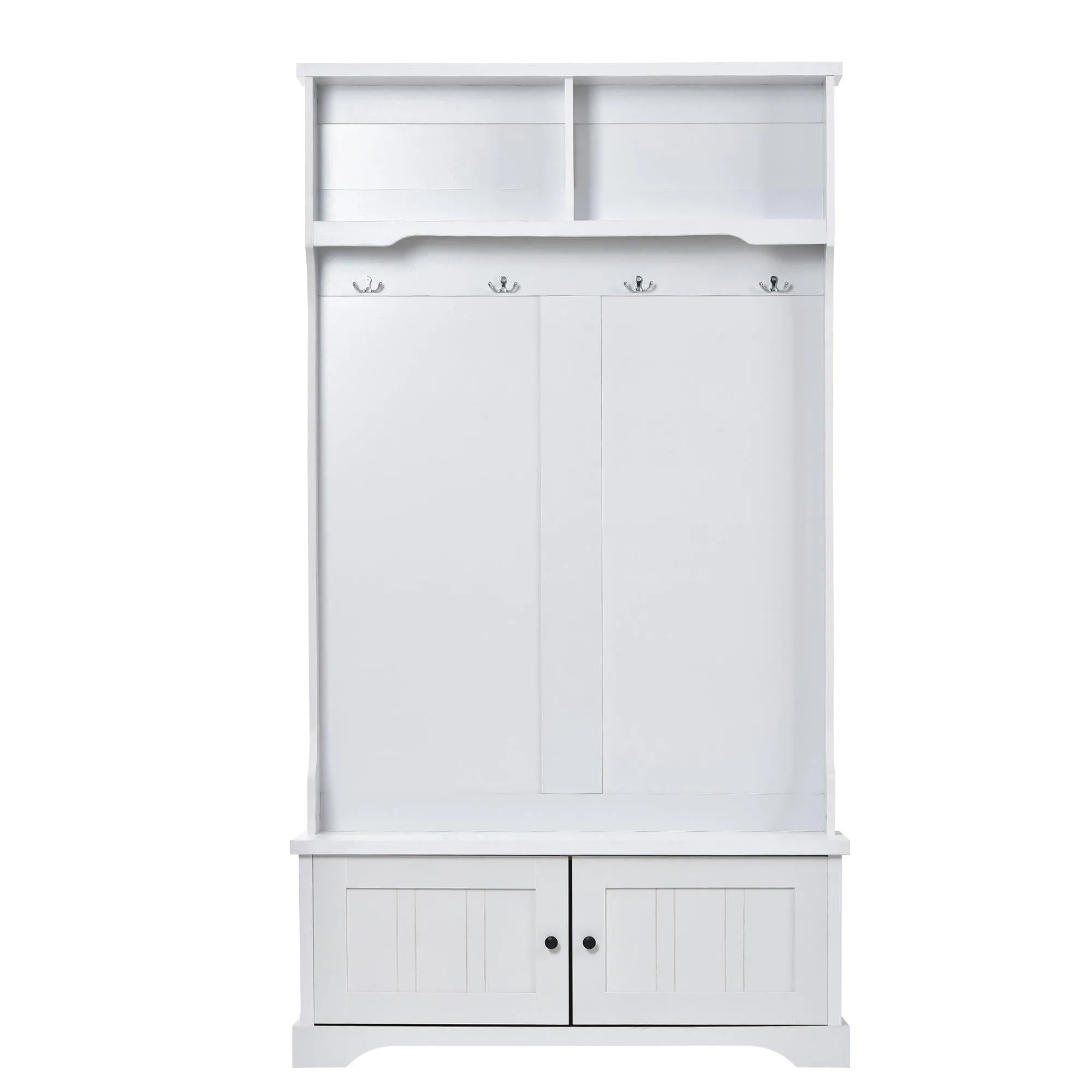 Hall Tree Entryway Bench with Shelves Cabinet and Four Hooks, 3-in-1 Design, White