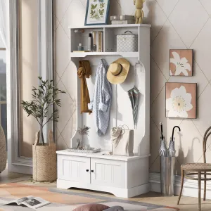 Hall Tree Entryway Bench with Shelves Cabinet and Four Hooks, 3-in-1 Design, White