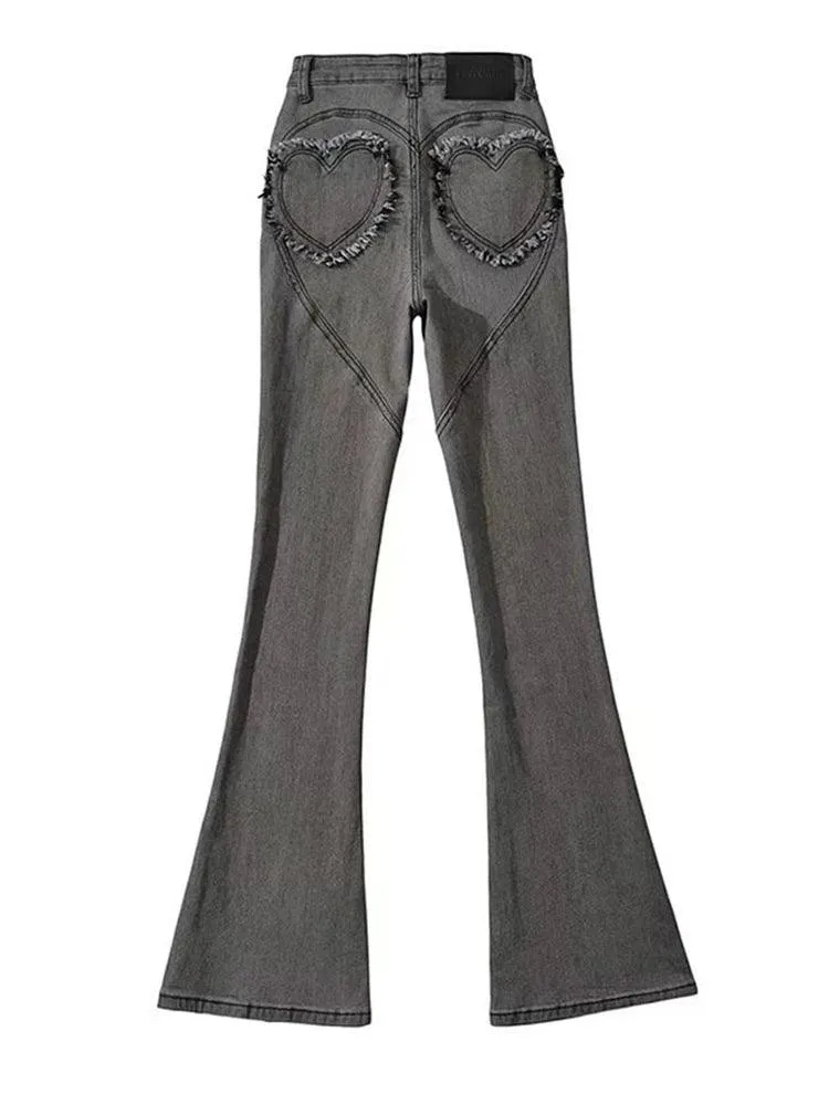High Waist Peach Love Pocket Flare Jeans – Sexy Korean Denim Trousers for Women