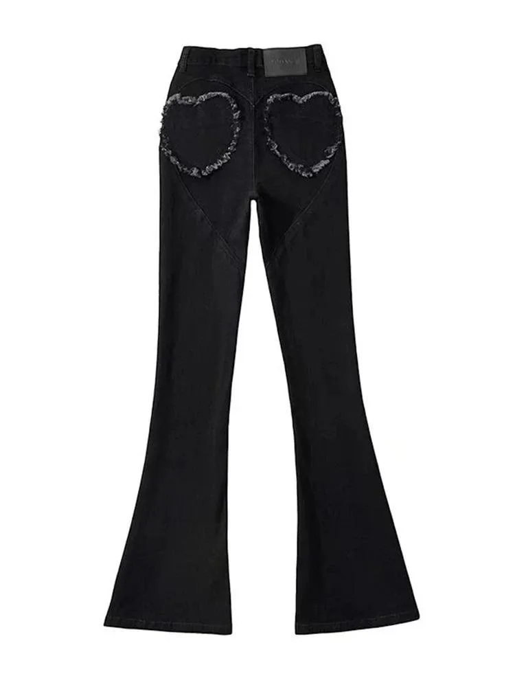 High Waist Peach Love Pocket Flare Jeans – Sexy Korean Denim Trousers for Women