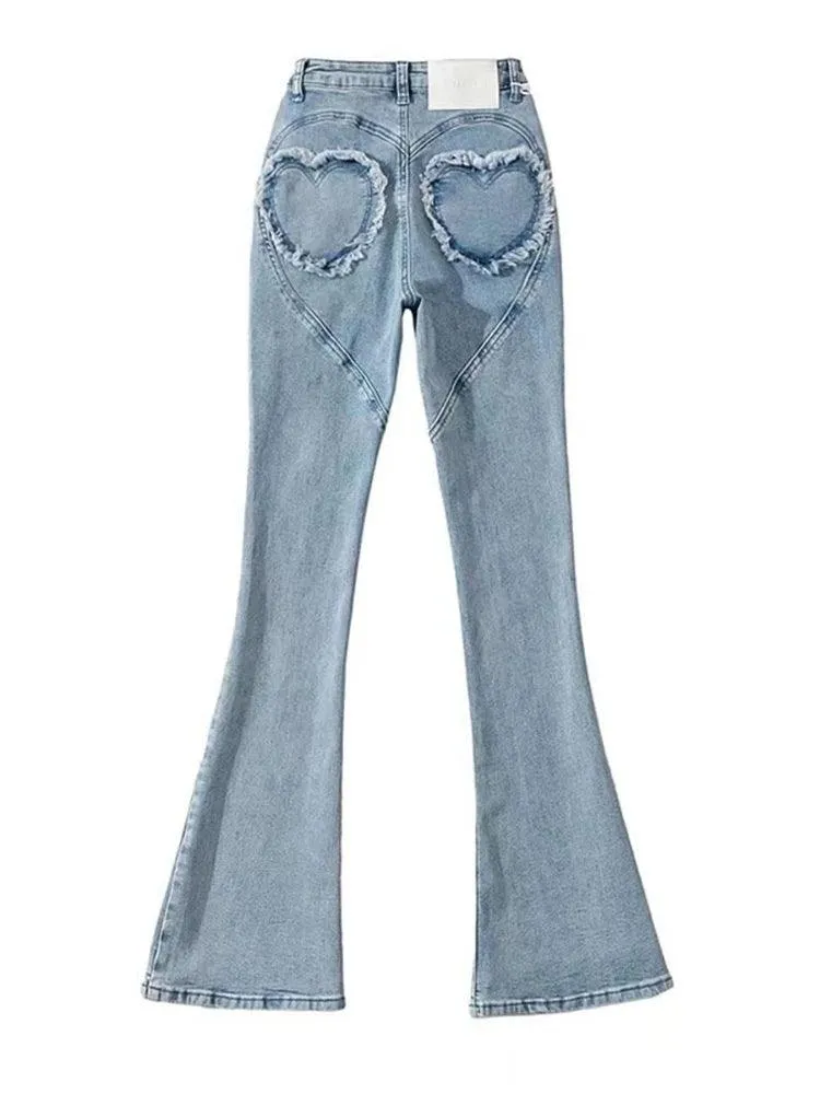 High Waist Peach Love Pocket Flare Jeans – Sexy Korean Denim Trousers for Women