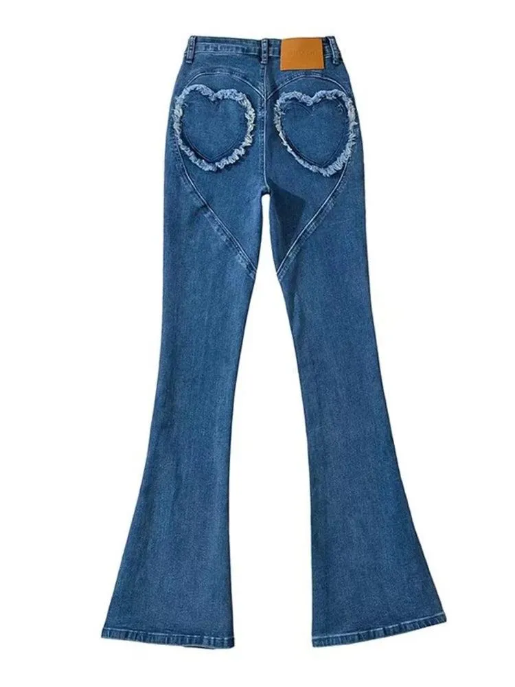 High Waist Peach Love Pocket Flare Jeans – Sexy Korean Denim Trousers for Women