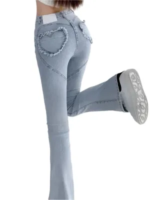 High Waist Peach Love Pocket Flare Jeans – Sexy Korean Denim Trousers for Women