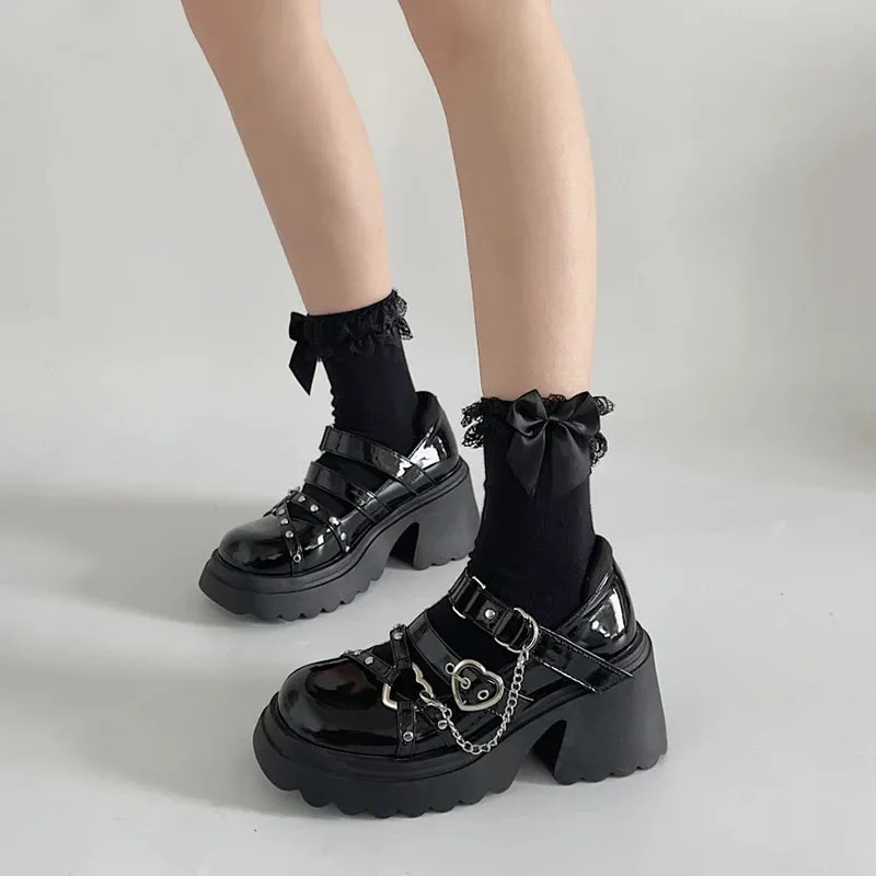 Hnzxzm Women's Punk Platform Pumps Spring Metal Chain Mary Jane Lolita Shoes Woman Japanese Patent Leather High Heels Gothic Shoes