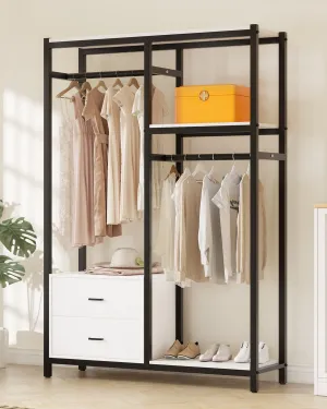 HOKEEPER 650lbs Freestanding Closet Organizer with Drawers and Shelves Heavy Duty Metal Wardrobe Closet Storage Shelves for Hanging Clothes Clothing Garment Rack Closet with Shelves for Bedroom White