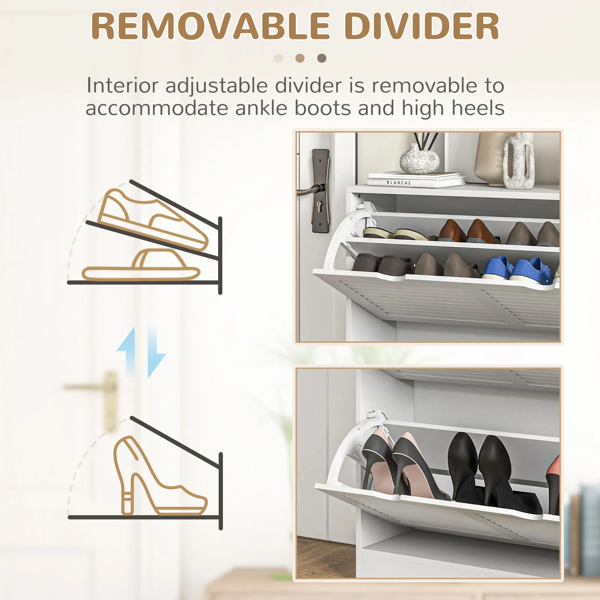 HOMCOM 2 Drawers Entryway Shoe Cabinet, Narrow Shoe Storage Cabinet with 2 Flip Drawers, Louvred Door Design and Adjustable Shelves for 16 Pairs of Shoes, White