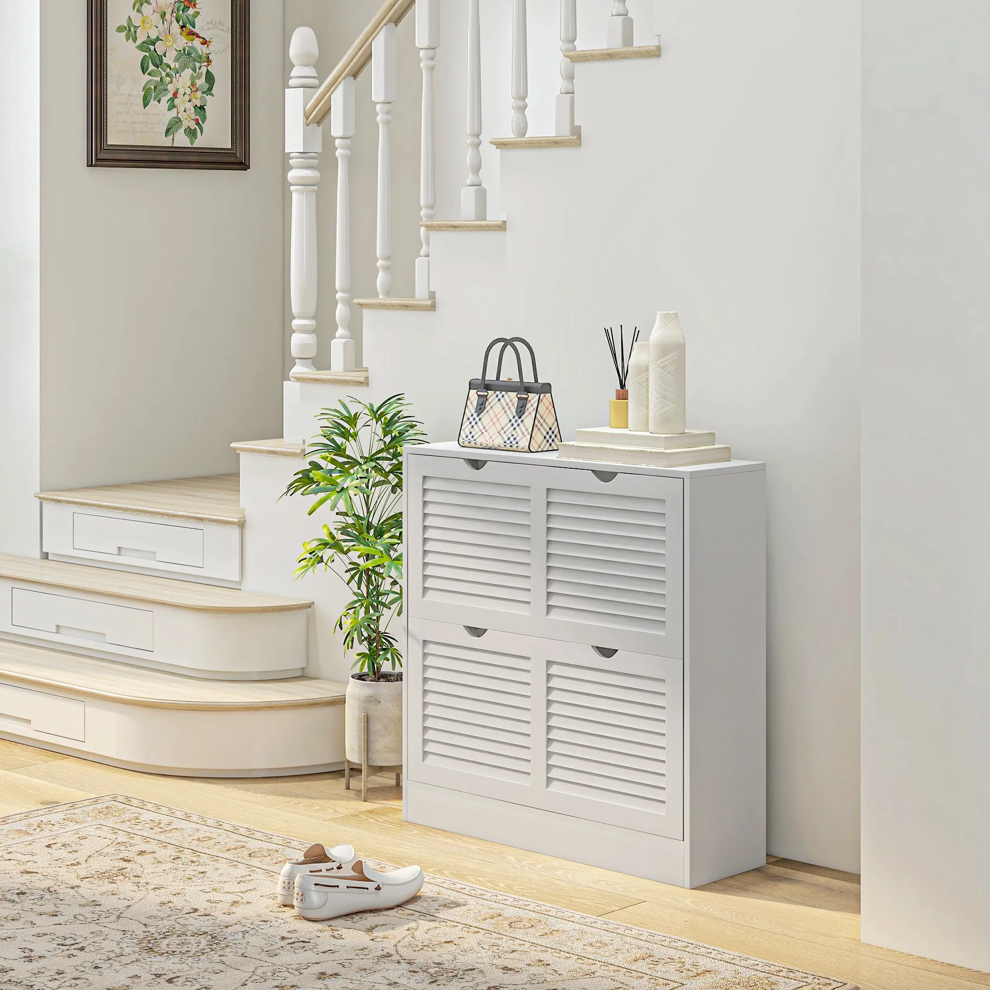 HOMCOM 2 Drawers Entryway Shoe Cabinet, Narrow Shoe Storage Cabinet with 2 Flip Drawers, Louvred Door Design and Adjustable Shelves for 16 Pairs of Shoes, White