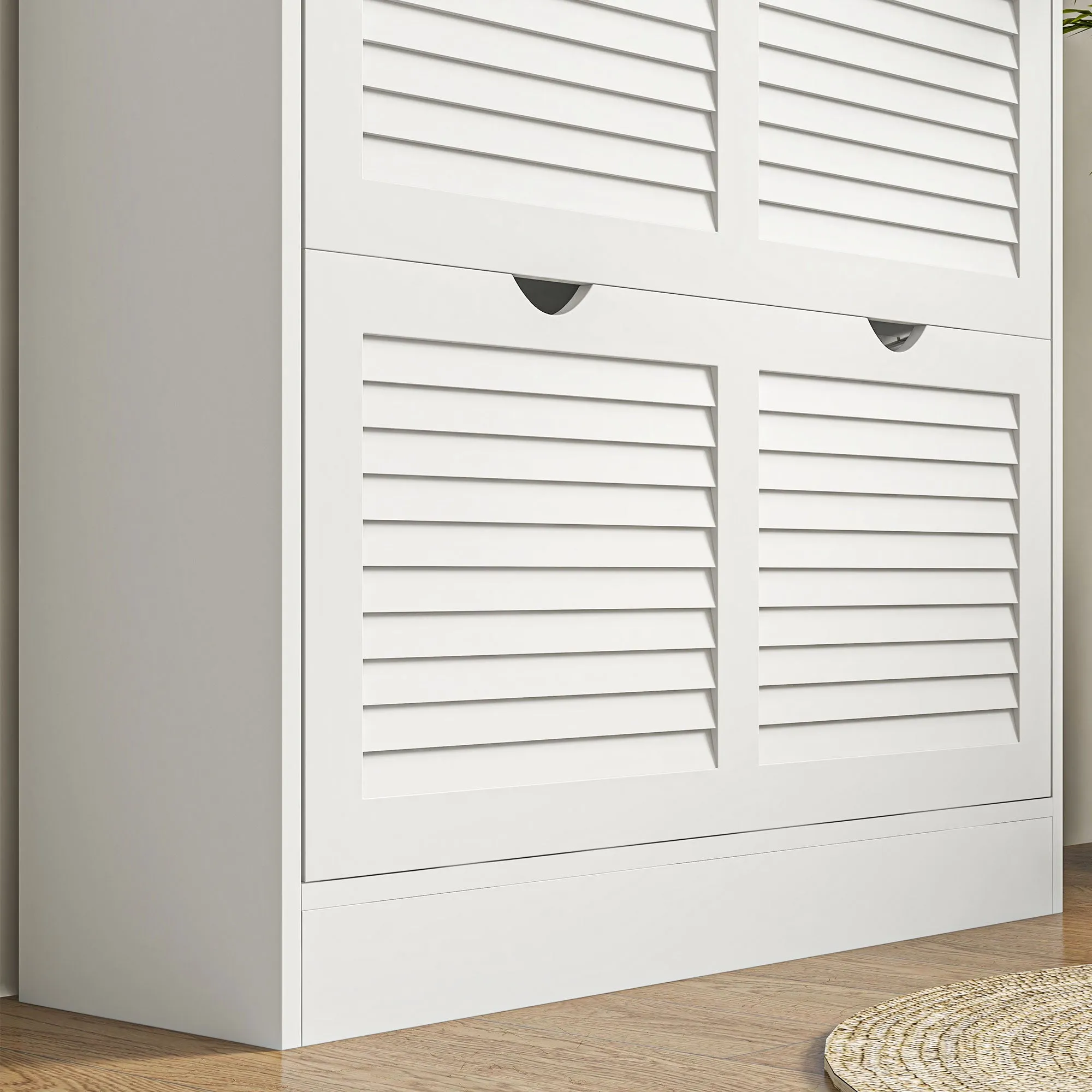 HOMCOM 2 Drawers Entryway Shoe Cabinet, Narrow Shoe Storage Cabinet with 2 Flip Drawers, Louvred Door Design and Adjustable Shelves for 16 Pairs of Shoes, White