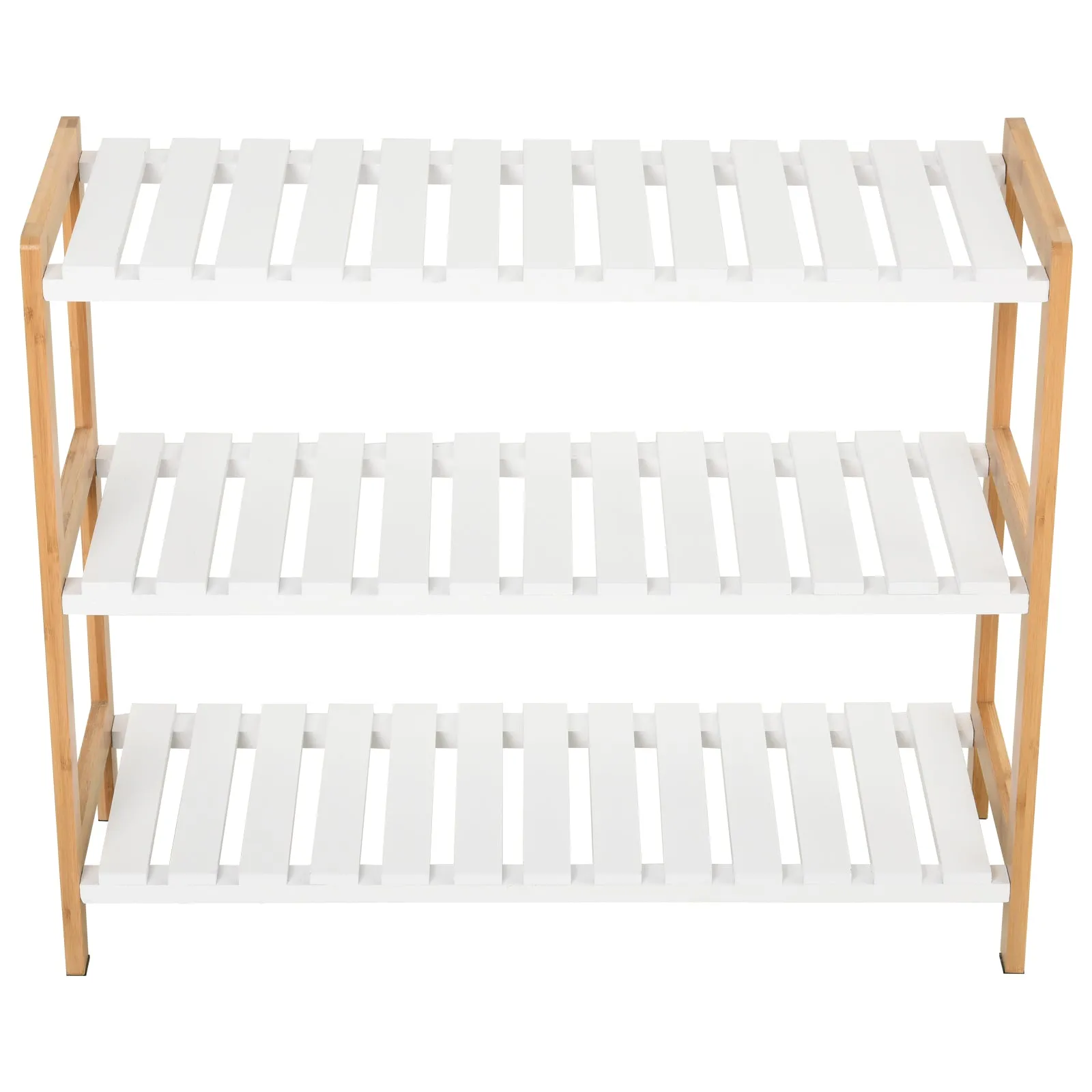 HOMCOM 3-Tier Shoe Rack Wood Frame Slatted Shelves Spacious Open Hygienic Storage Home Hallway Furniture Family Guests 70L x 26W x 57.5H cm - Natural