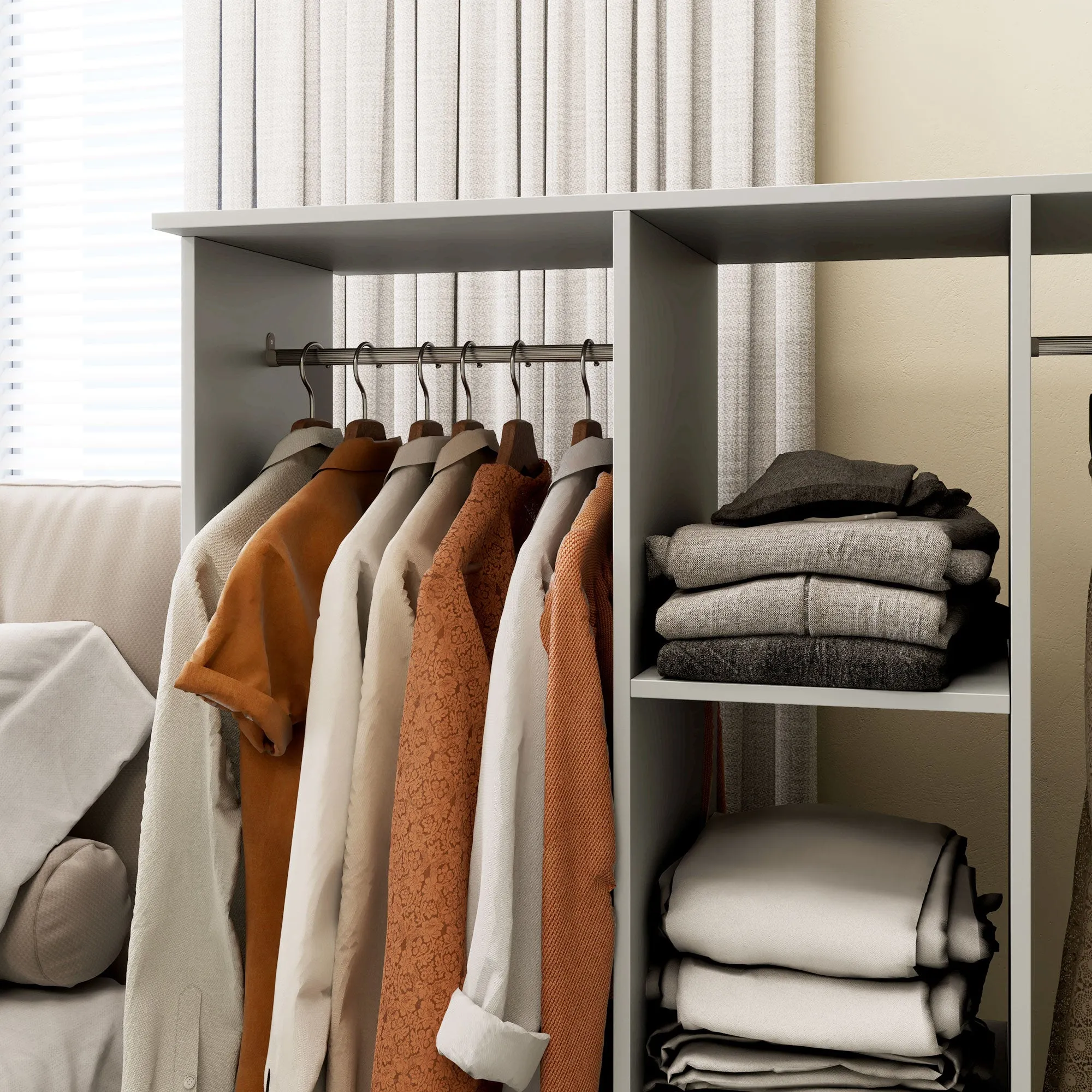 HOMCOM Open Wardrobe Double Mobile Storage Shelves Organizer W/6 Wheels-Grey