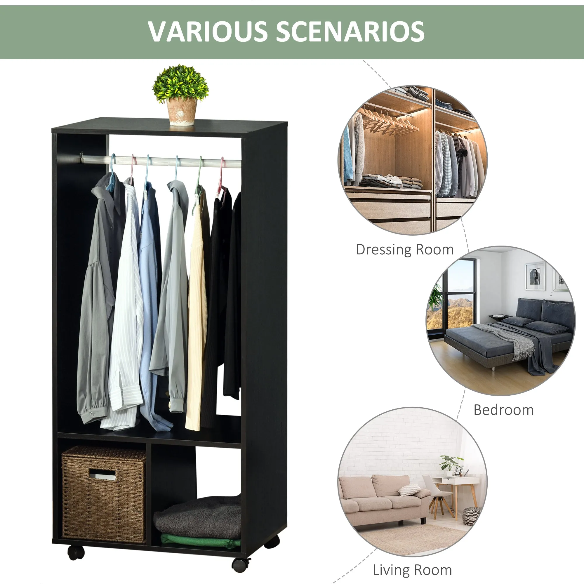 HOMCOM Open Wardrobe on Wheels, Bedroom Wardrobe with Clothes Hanging Rail, 2 Storage Shelves, Mobile Garment Rack for Cloakroom, Hallway, Black