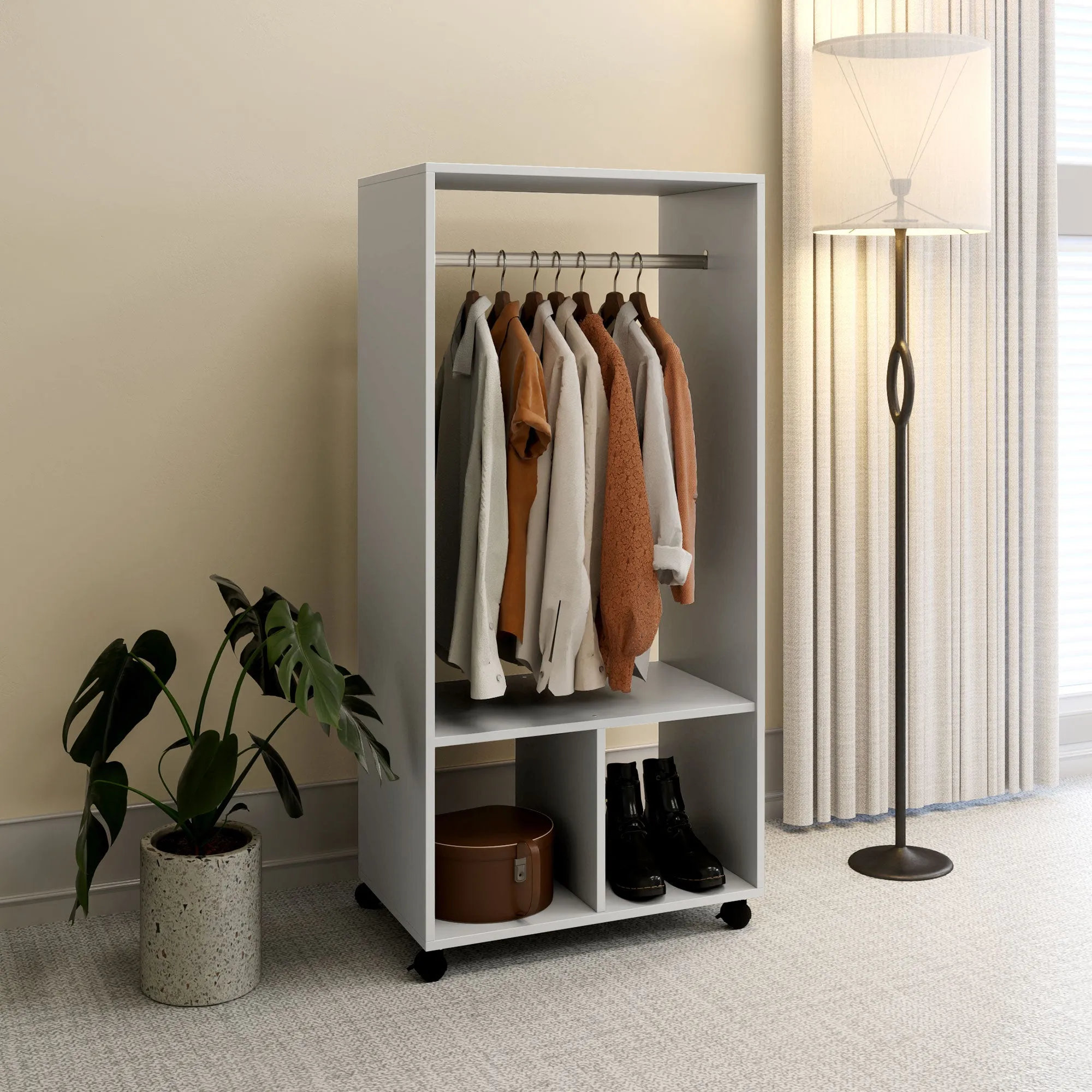 HOMCOM Open Wardrobe on Wheels, Bedroom Wardrobe with Clothes Hanging Rail, 2 Storage Shelves, Mobile Garment Rack for Cloakroom, Hallway, Grey