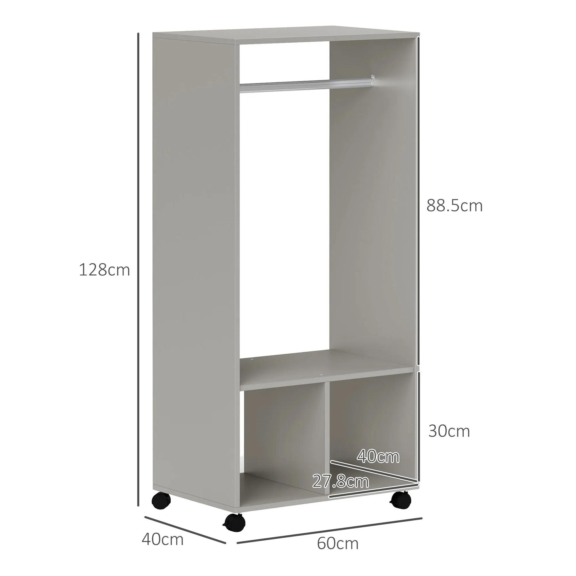 HOMCOM Open Wardrobe on Wheels, Bedroom Wardrobe with Clothes Hanging Rail, 2 Storage Shelves, Mobile Garment Rack for Cloakroom, Hallway, Grey
