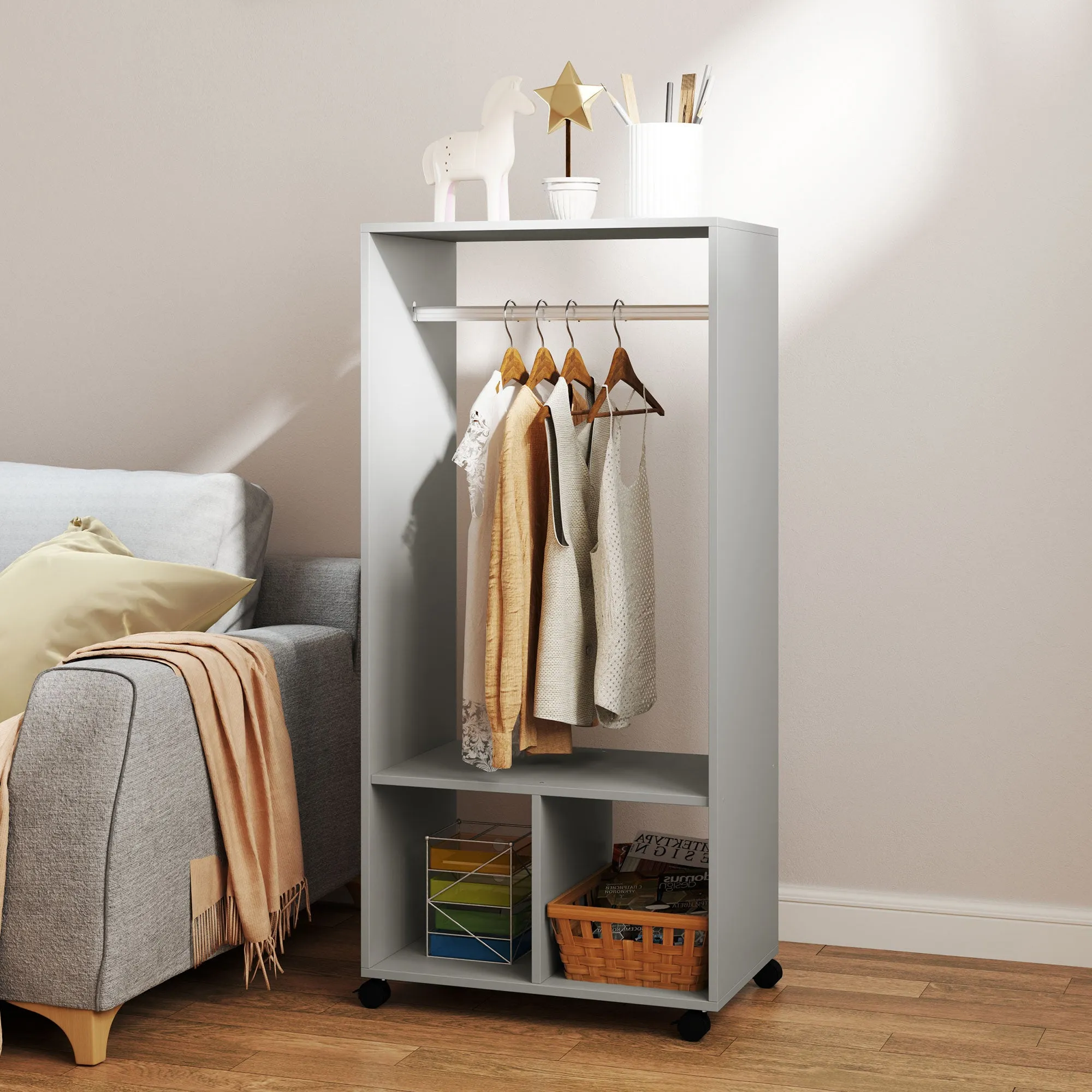 HOMCOM Open Wardrobe on Wheels, Bedroom Wardrobe with Clothes Hanging Rail, 2 Storage Shelves, Mobile Garment Rack for Cloakroom, Hallway, Grey