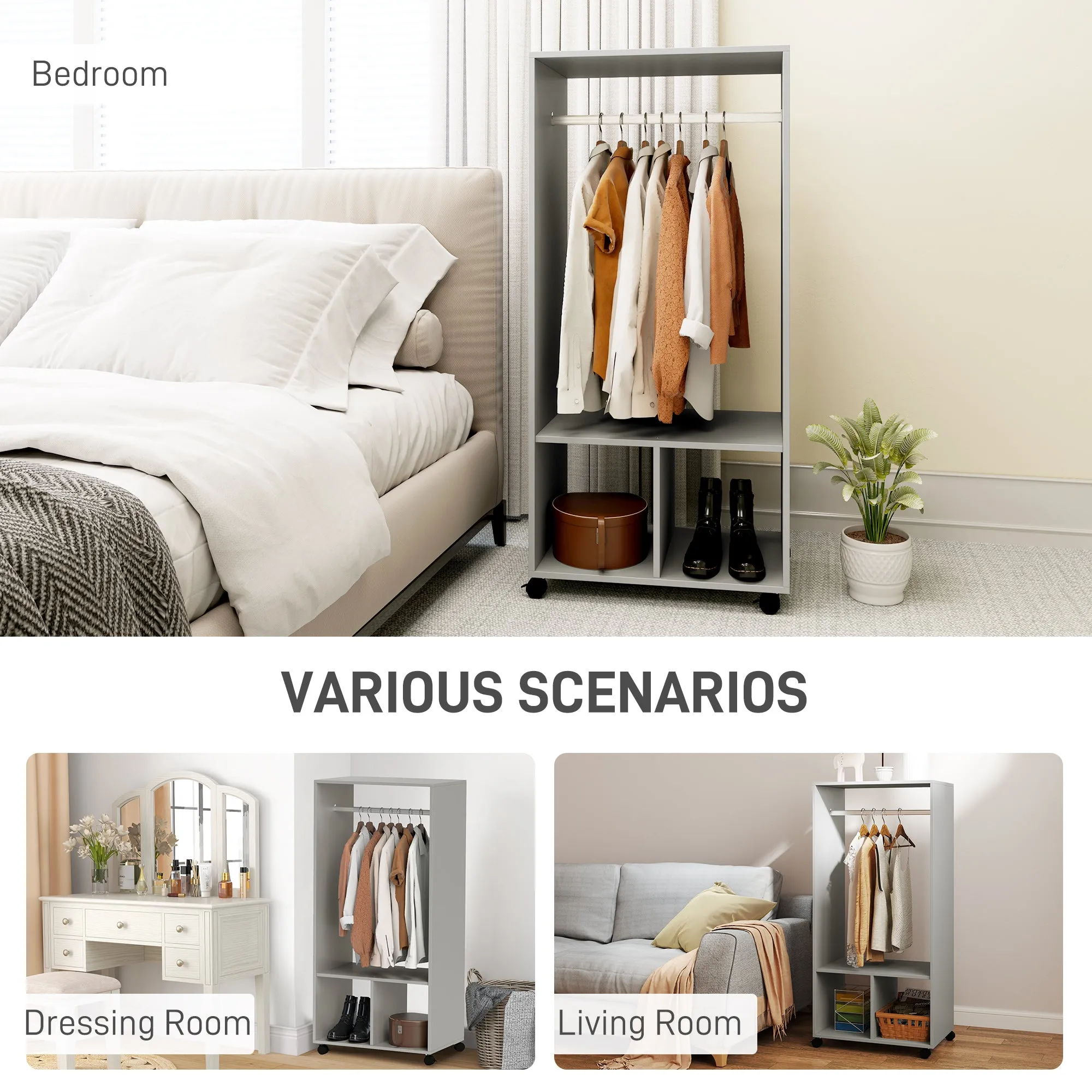 HOMCOM Open Wardrobe on Wheels, Bedroom Wardrobe with Clothes Hanging Rail, 2 Storage Shelves, Mobile Garment Rack for Cloakroom, Hallway, Grey