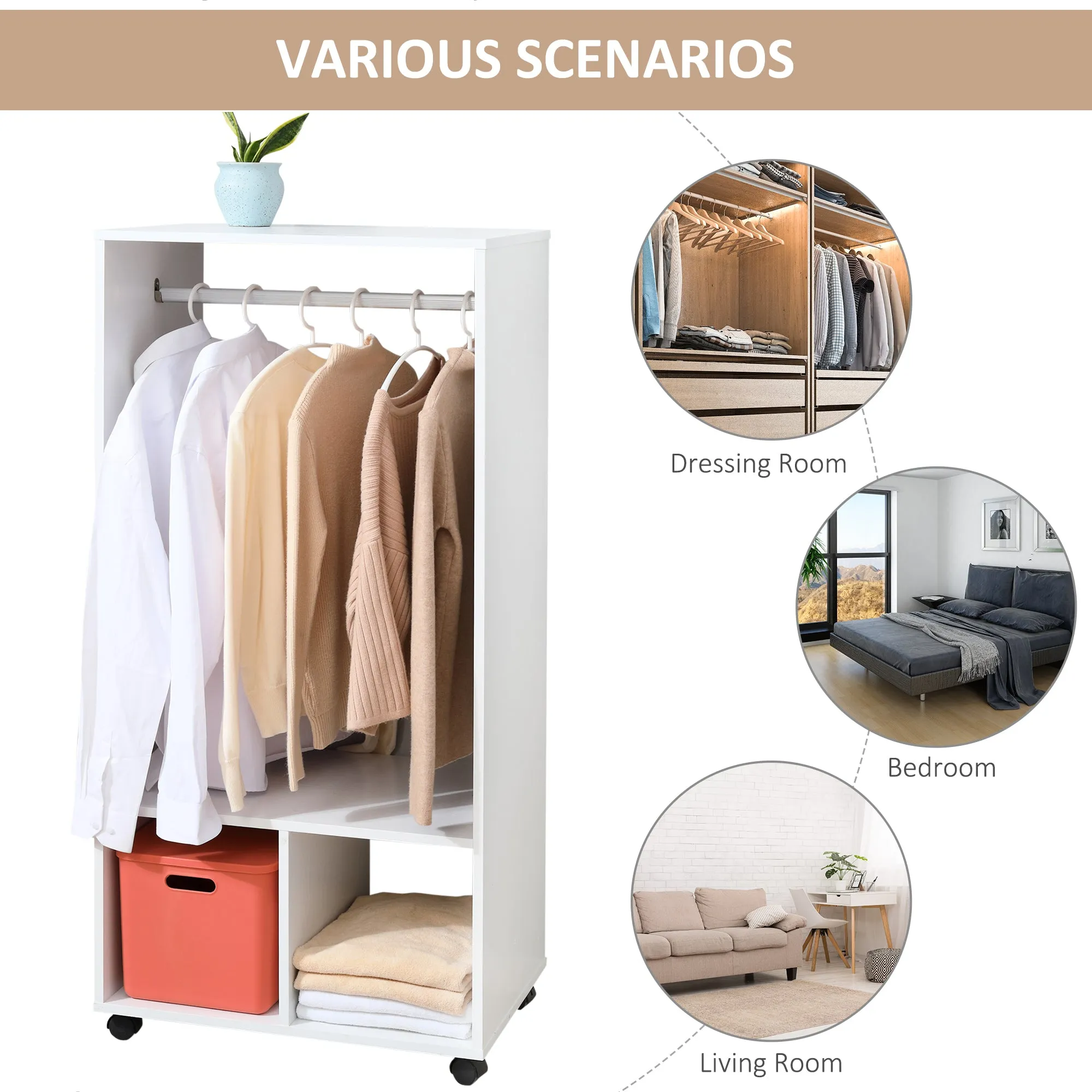 HOMCOM Open Wardrobe on Wheels, Bedroom Wardrobe with Clothes Hanging Rail, 2 Storage Shelves, Mobile Garment Rack for Cloakroom, Hallway, White