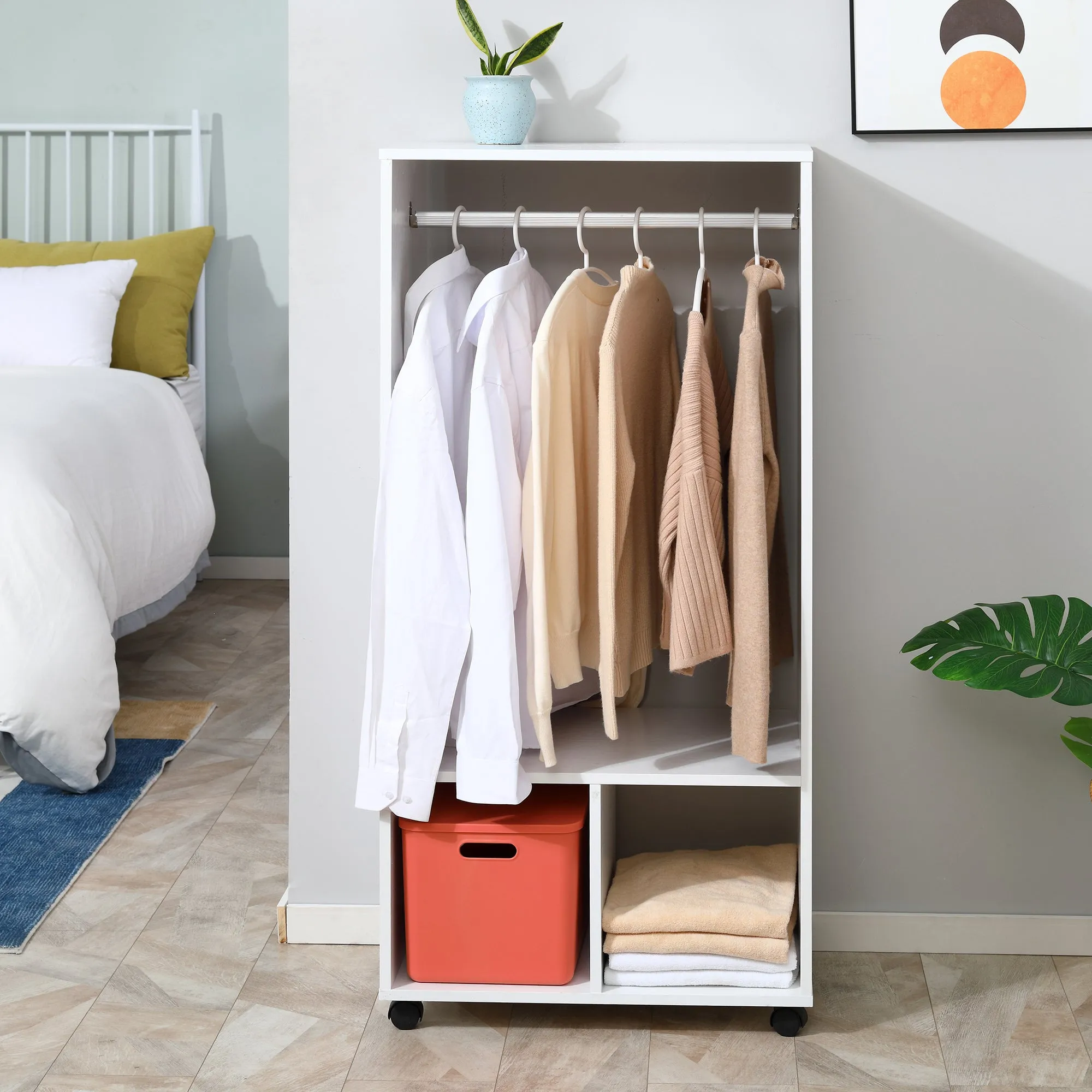 HOMCOM Open Wardrobe on Wheels, Bedroom Wardrobe with Clothes Hanging Rail, 2 Storage Shelves, Mobile Garment Rack for Cloakroom, Hallway, White