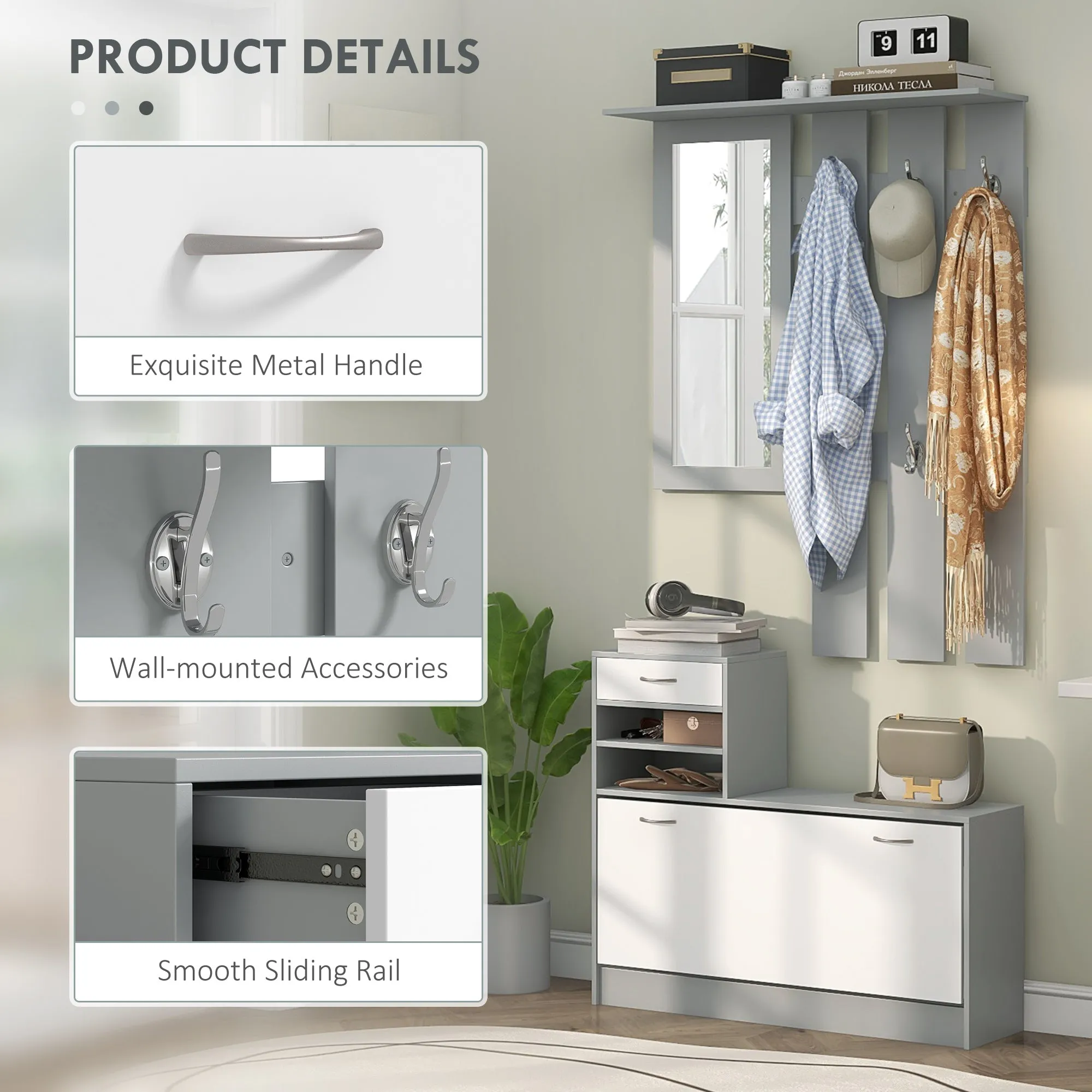 HOMCOM Three-in-One Hallway Storage Set - Grey/White