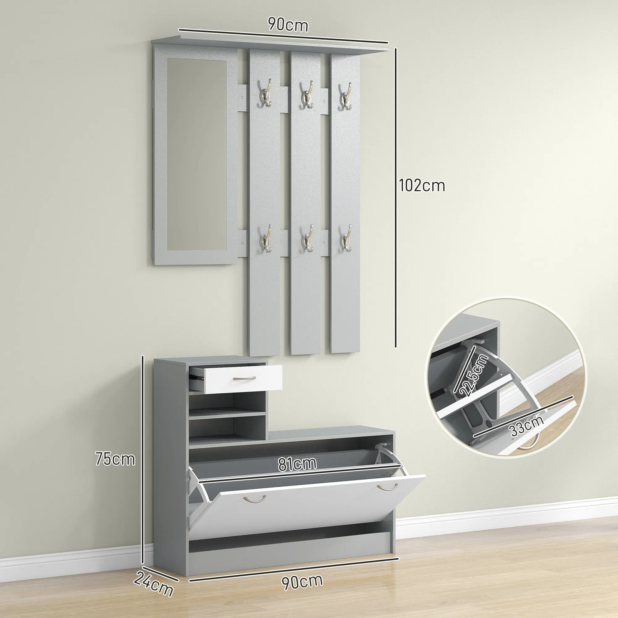 HOMCOM Three-in-One Hallway Storage Set - Grey/White