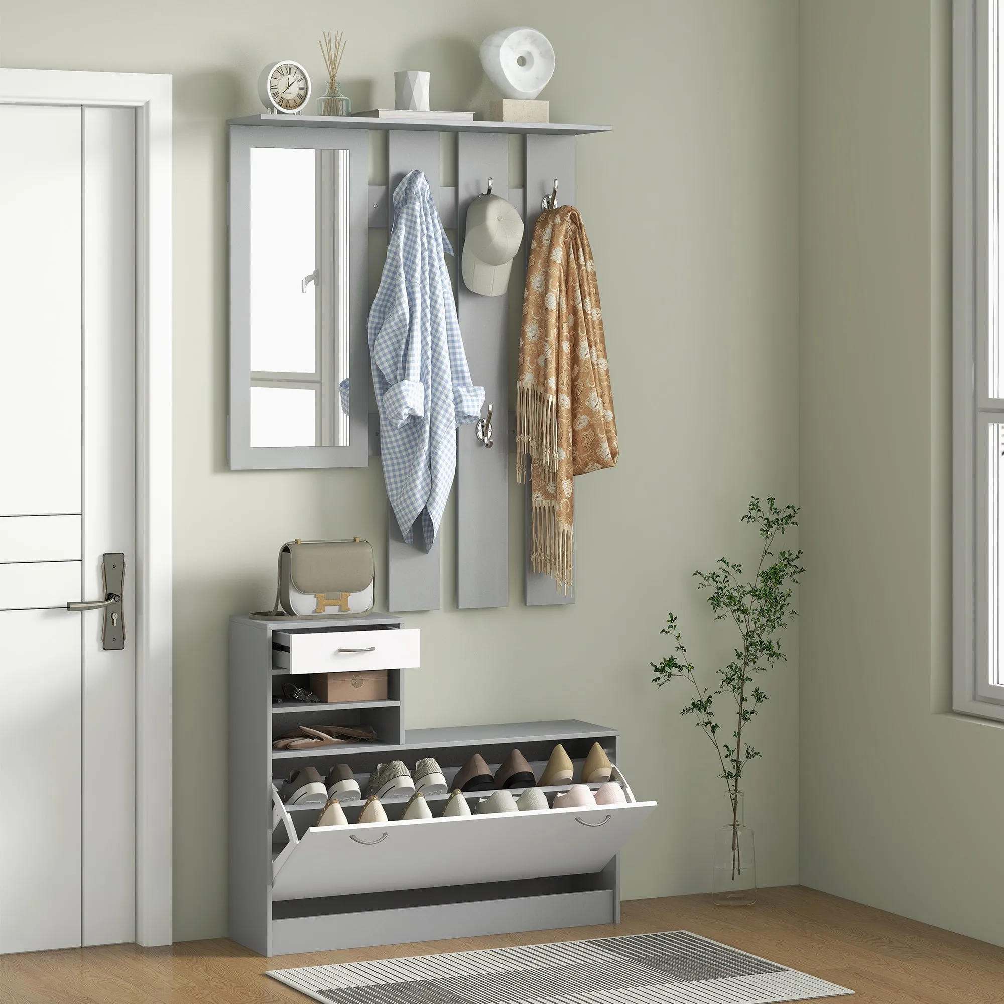 HOMCOM Three-in-One Hallway Storage Set - Grey/White