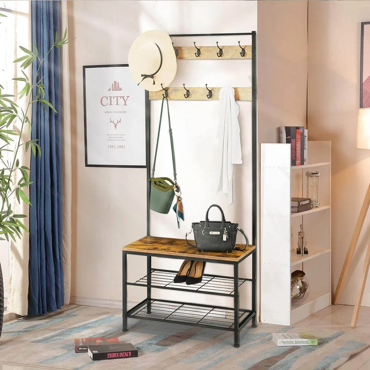 Industrial Coat Rack, Hall Tree Entryway Shoe Bench, Storage Shelf Organizer, Accent Furniture with Metal Frame