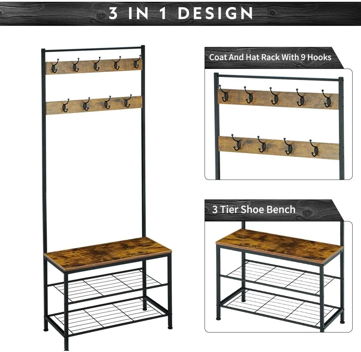 Industrial Coat Rack, Hall Tree Entryway Shoe Bench, Storage Shelf Organizer, Accent Furniture with Metal Frame