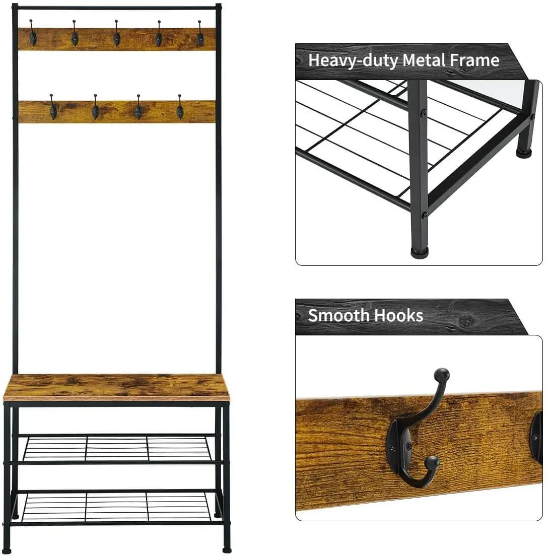 Industrial Coat Rack, Hall Tree Entryway Shoe Bench, Storage Shelf Organizer, Accent Furniture with Metal Frame