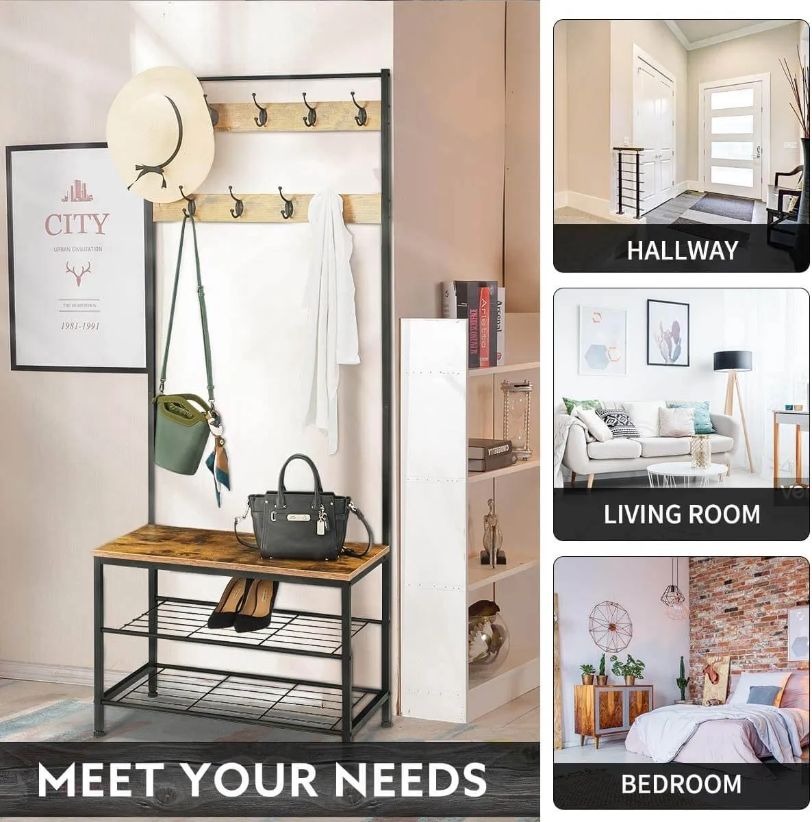 Industrial Coat Rack, Hall Tree Entryway Shoe Bench, Storage Shelf Organizer, Accent Furniture with Metal Frame