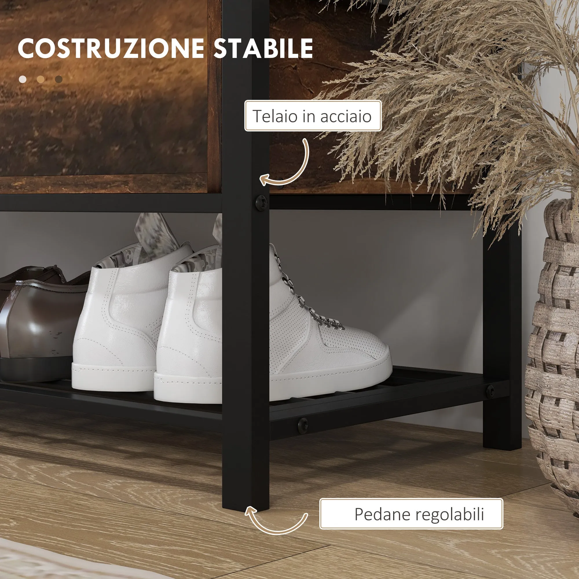 Industrial Entrance Shoe Bench with Hidden Shelf, Chipboard and Steel, 100x40x50 cm, Brown and Black