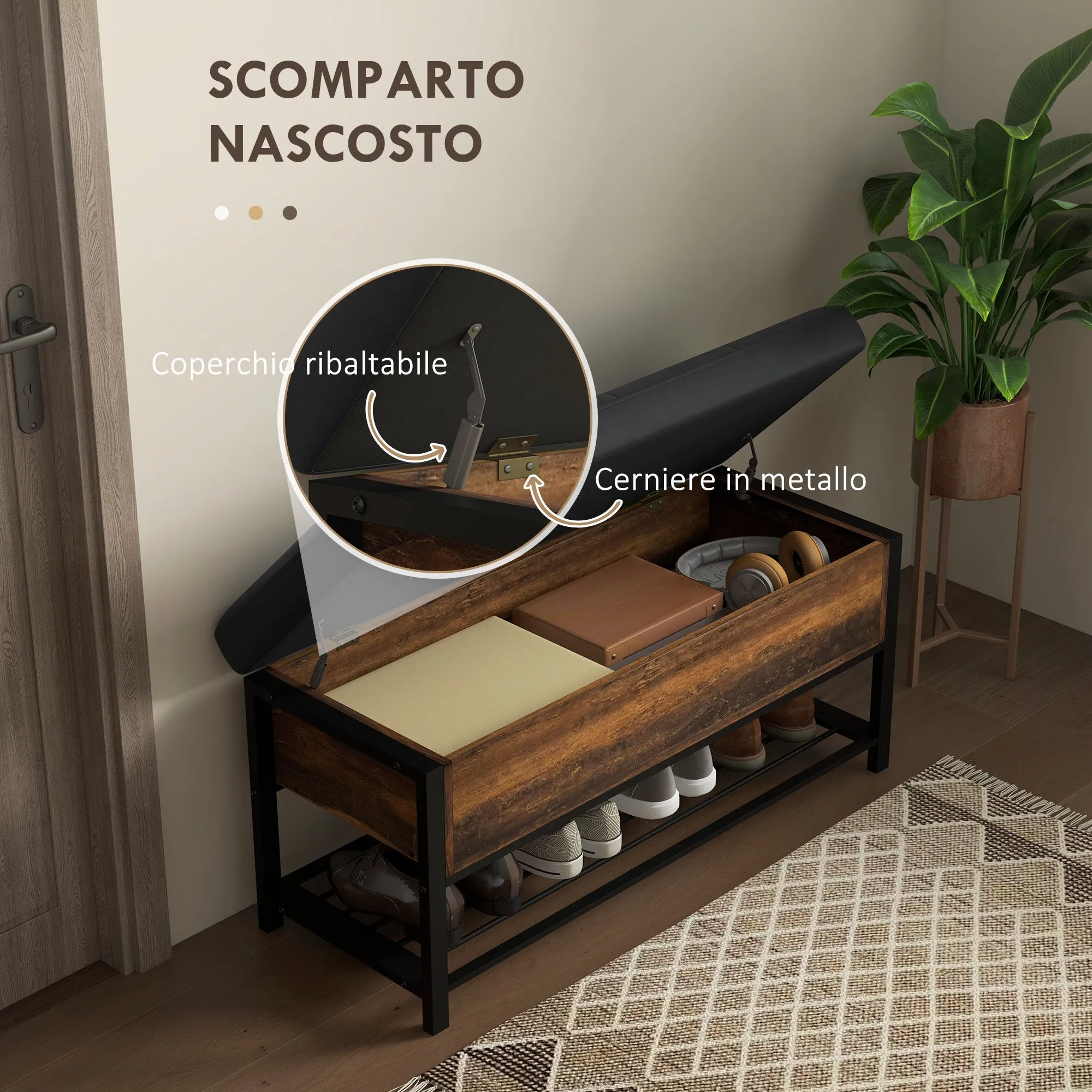 Industrial Entrance Shoe Bench with Hidden Shelf, Chipboard and Steel, 100x40x50 cm, Brown and Black