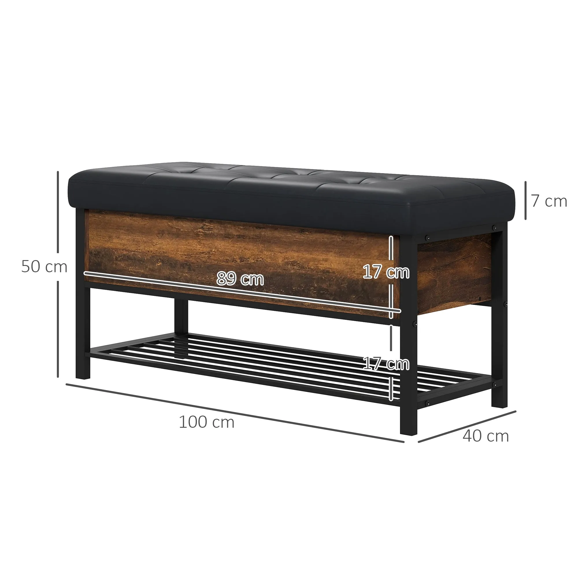 Industrial Entrance Shoe Bench with Hidden Shelf, Chipboard and Steel, 100x40x50 cm, Brown and Black